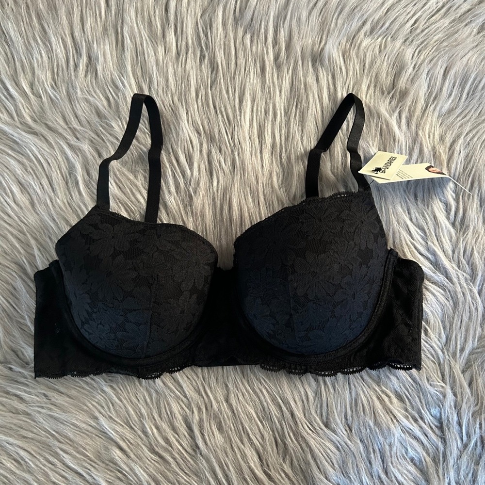 No Boundaries Balconette Bra Women's Size 36D Black Floral Lace Underwire